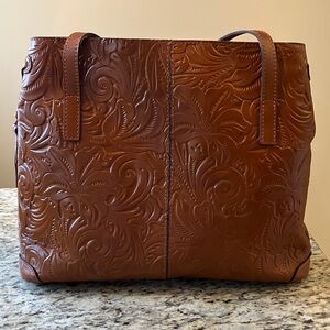 Patricia Nash Embossed Leather Large Tote Brown Tooled Floral Suede Shoulder Bag